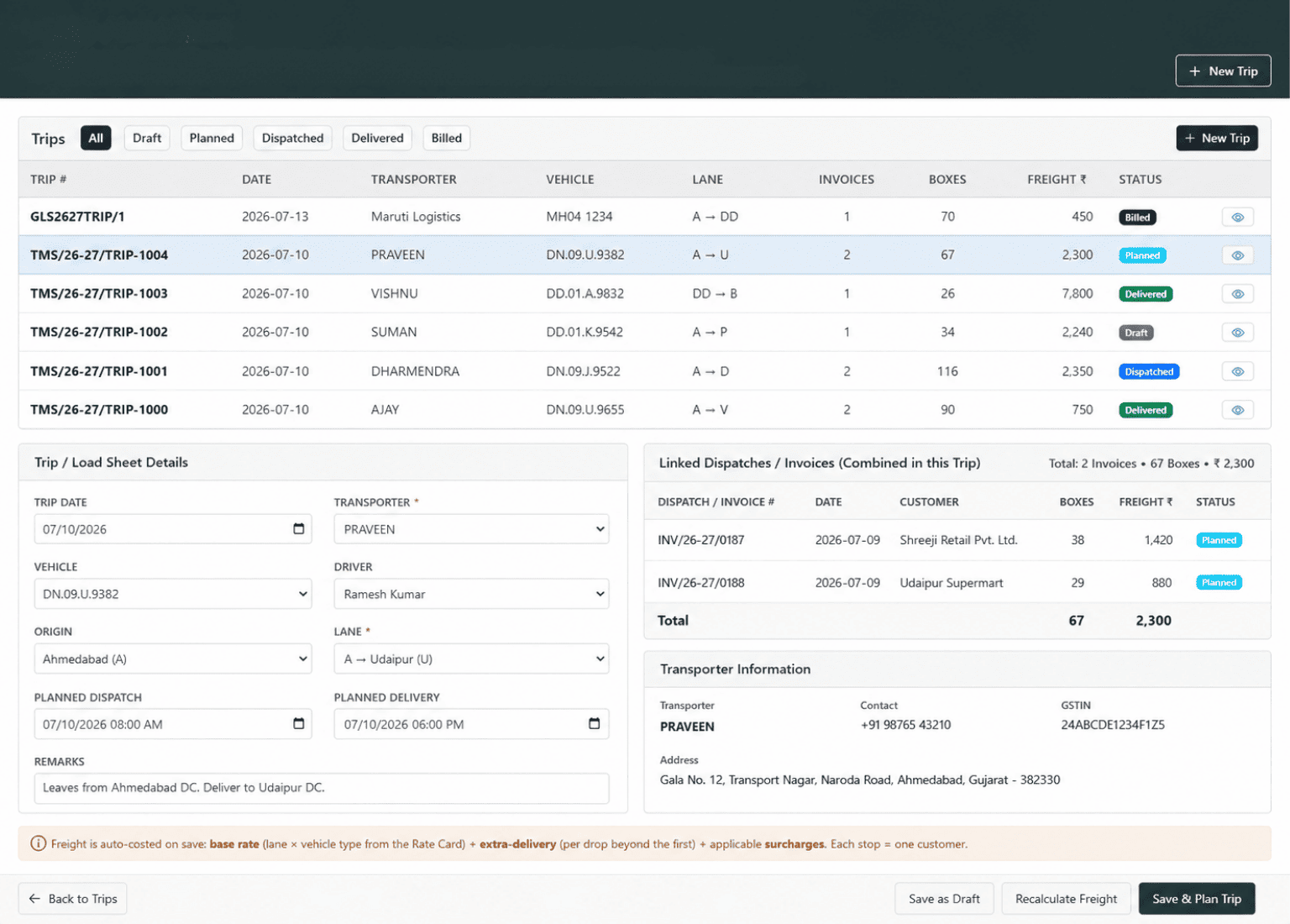 Transportation ERP trip planning, load sheet and dispatch documentation